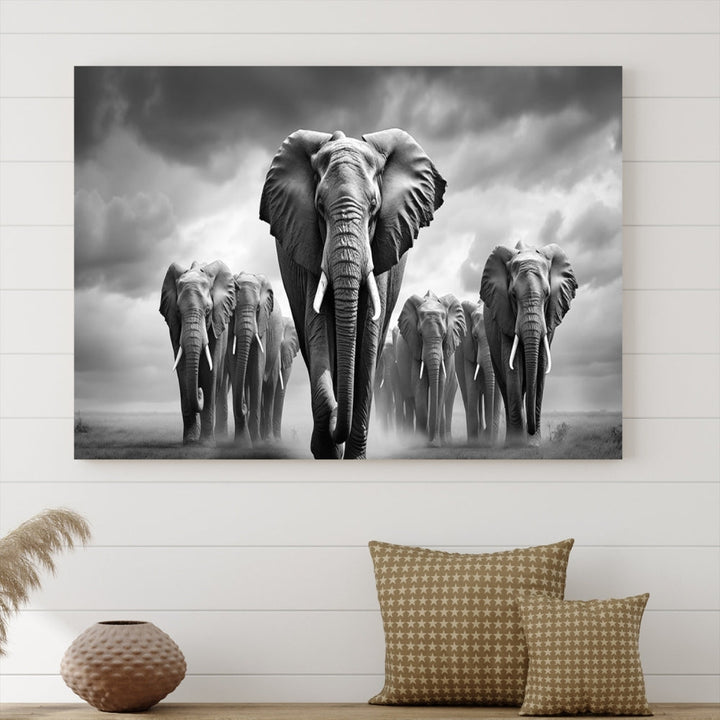 The Elephant Family Wall Art Canvas Print is displayed as a triptych. Each piece is gallery-wrapped on museum-quality canvases for an elegant finish.