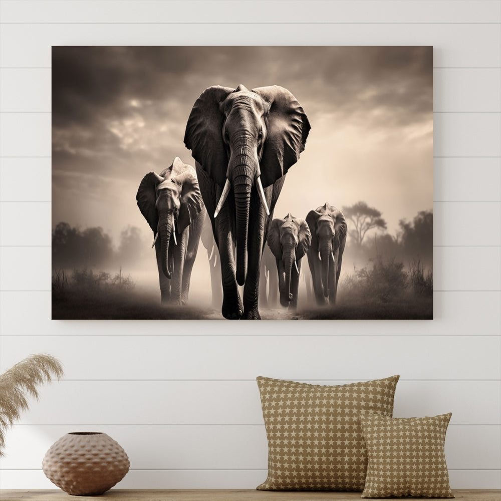 An Elephant Family Wall Art Canvas Print, designed with museum-quality canvas and a UV-protective coating, adorns the living room wall.