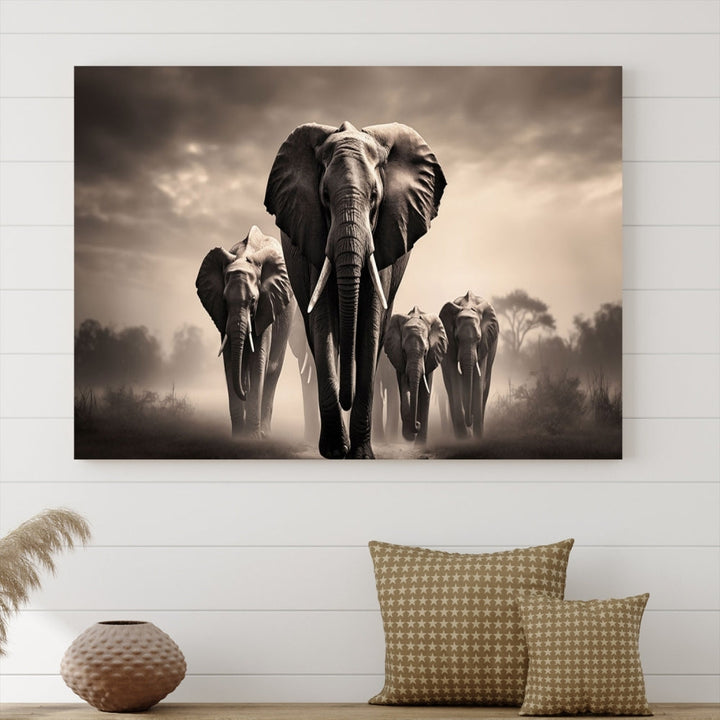 An Elephant Family Wall Art Canvas Print, designed with museum-quality canvas and a UV-protective coating, adorns the living room wall.