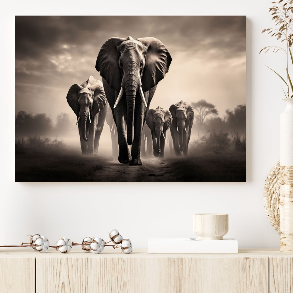 An Elephant Family Wall Art Canvas Print, designed with museum-quality canvas and a UV-protective coating, adorns the living room wall.