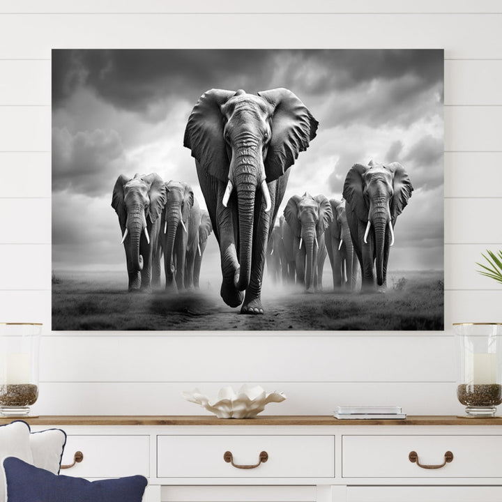 The Elephant Family Wall Art Canvas Print is displayed as a triptych. Each piece is gallery-wrapped on museum-quality canvases for an elegant finish.