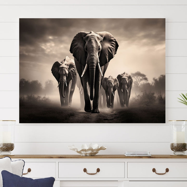 An Elephant Family Wall Art Canvas Print, designed with museum-quality canvas and a UV-protective coating, adorns the living room wall.