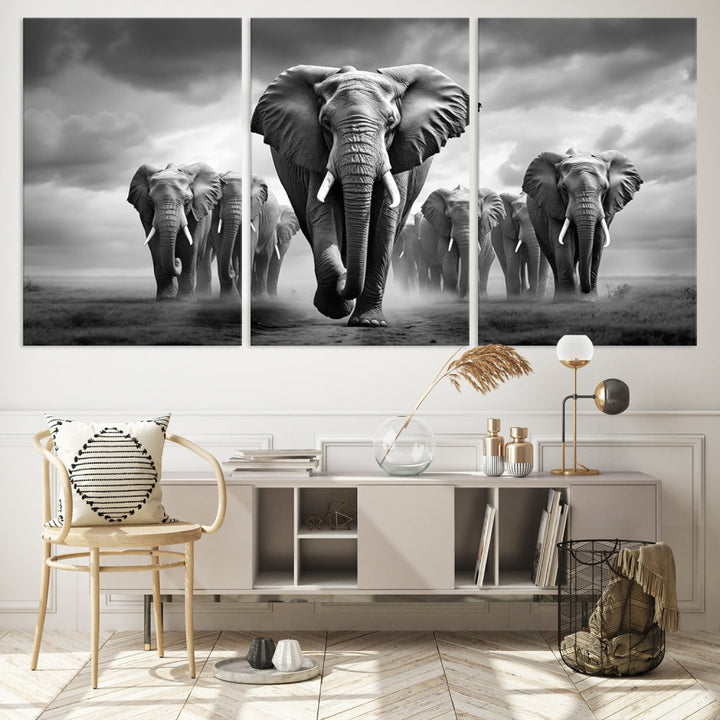 The Elephant Family Wall Art Canvas Print is displayed as a triptych. Each piece is gallery-wrapped on museum-quality canvases for an elegant finish.