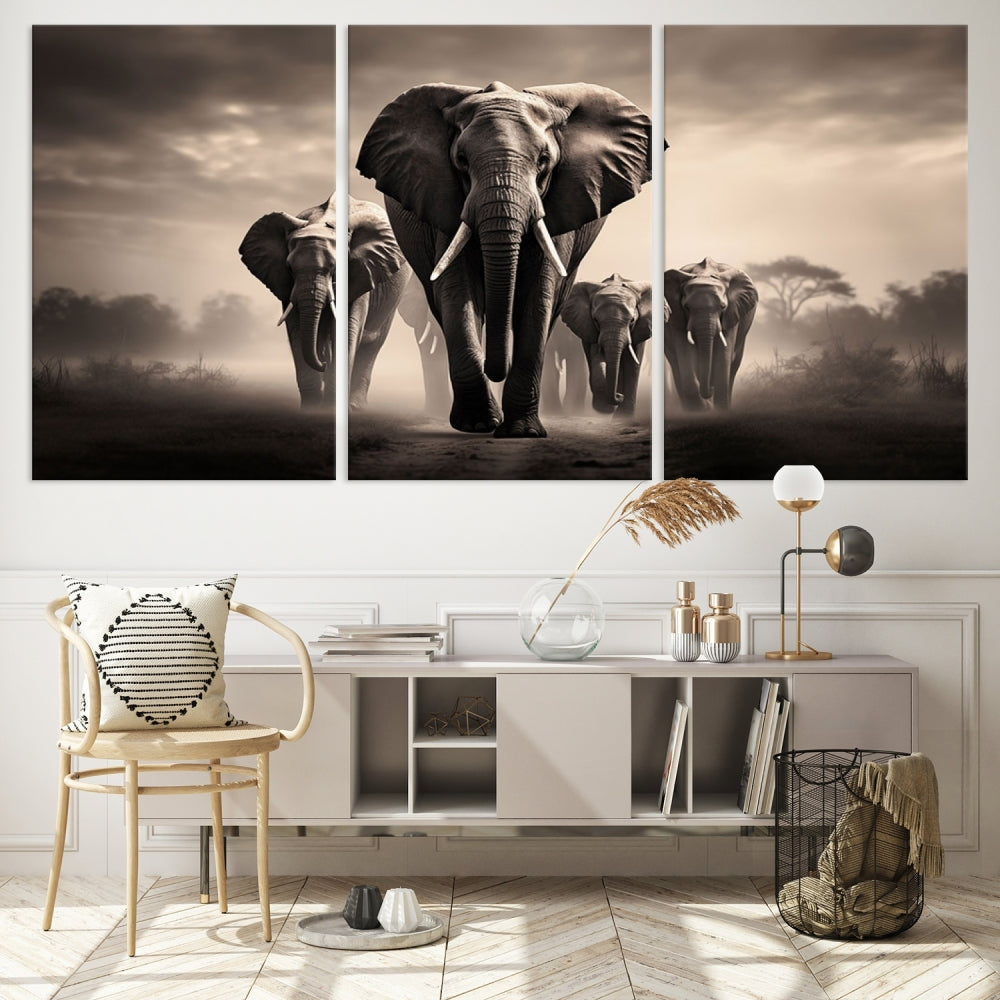 An Elephant Family Wall Art Canvas Print, designed with museum-quality canvas and a UV-protective coating, adorns the living room wall.