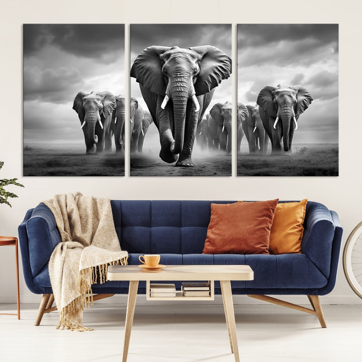 The Elephant Family Wall Art Canvas Print is displayed as a triptych. Each piece is gallery-wrapped on museum-quality canvases for an elegant finish.