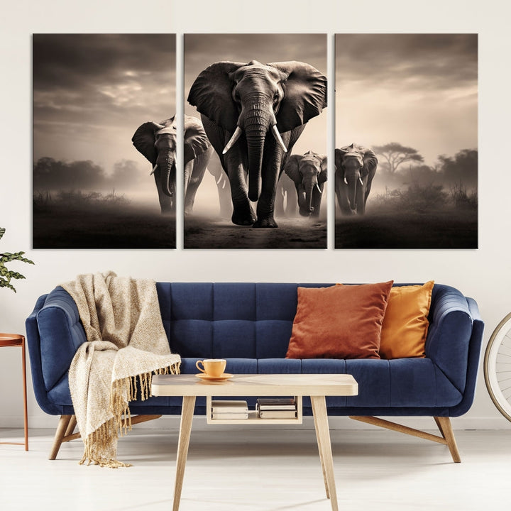 An Elephant Family Wall Art Canvas Print, designed with museum-quality canvas and a UV-protective coating, adorns the living room wall.