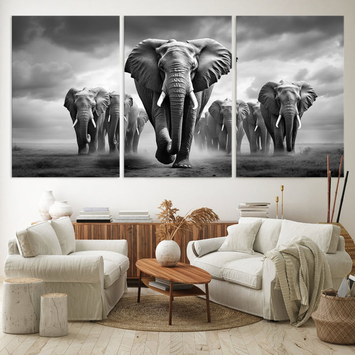 The Elephant Family Wall Art Canvas Print is displayed as a triptych. Each piece is gallery-wrapped on museum-quality canvases for an elegant finish.