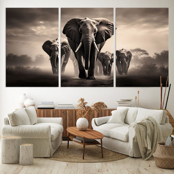 An Elephant Family Wall Art Canvas Print, designed with museum-quality canvas and a UV-protective coating, adorns the living room wall.