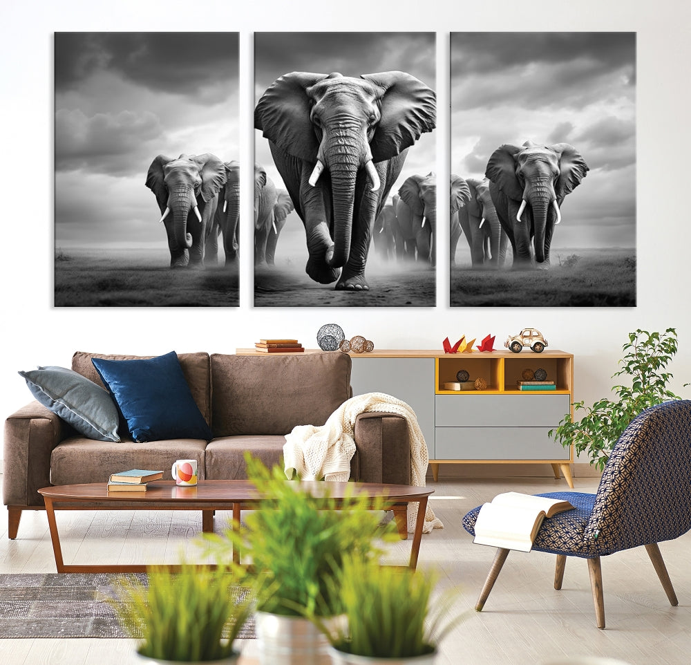 The Elephant Family Wall Art Canvas Print is displayed as a triptych. Each piece is gallery-wrapped on museum-quality canvases for an elegant finish.