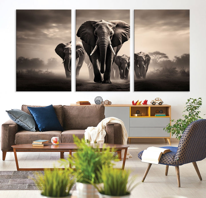 An Elephant Family Wall Art Canvas Print, designed with museum-quality canvas and a UV-protective coating, adorns the living room wall.