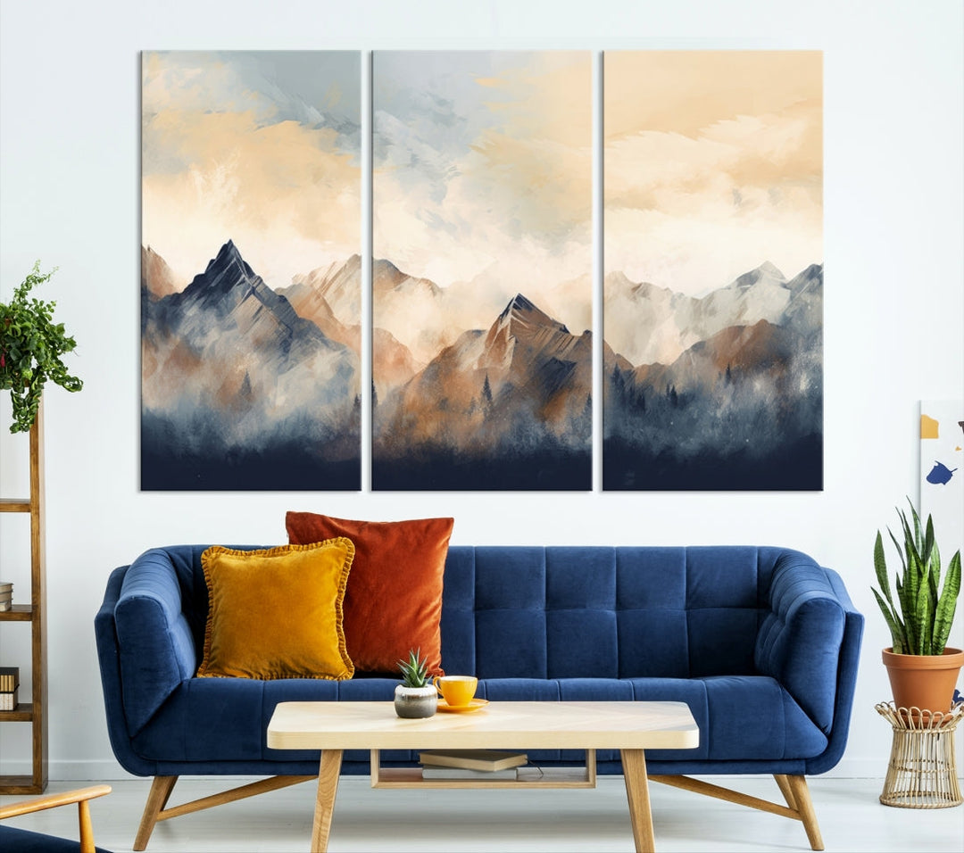 The Extra Large Abstract Mountain Wall Art, printed on museum-quality canvas, creates a stunning triptych. Set against a dark green wall, these ready-to-hang pieces bring an elegant touch to your décor.