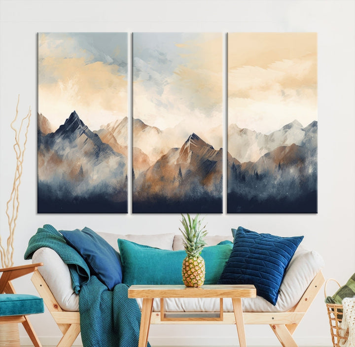 The Extra Large Abstract Mountain Wall Art, printed on museum-quality canvas, creates a stunning triptych. Set against a dark green wall, these ready-to-hang pieces bring an elegant touch to your décor.