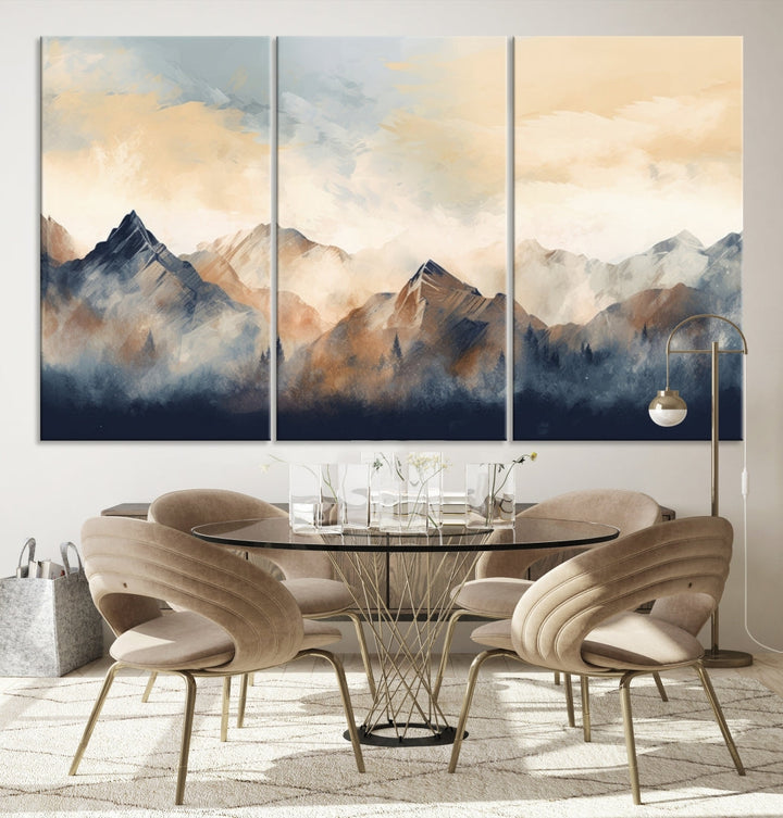 The Extra Large Abstract Mountain Wall Art, printed on museum-quality canvas, creates a stunning triptych. Set against a dark green wall, these ready-to-hang pieces bring an elegant touch to your décor.