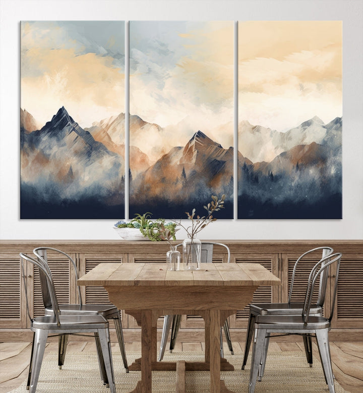 The Extra Large Abstract Mountain Wall Art, printed on museum-quality canvas, creates a stunning triptych. Set against a dark green wall, these ready-to-hang pieces bring an elegant touch to your décor.