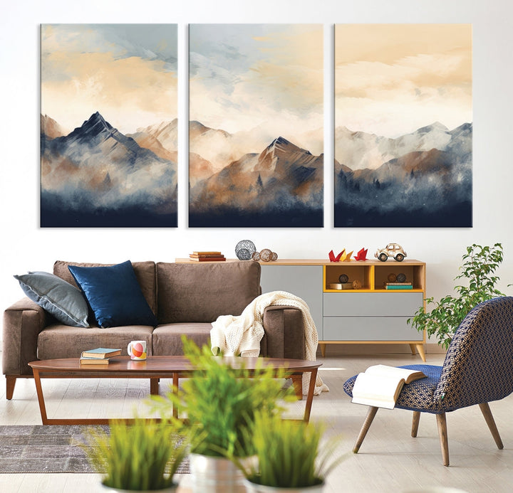 The Extra Large Abstract Mountain Wall Art, printed on museum-quality canvas, creates a stunning triptych. Set against a dark green wall, these ready-to-hang pieces bring an elegant touch to your décor.