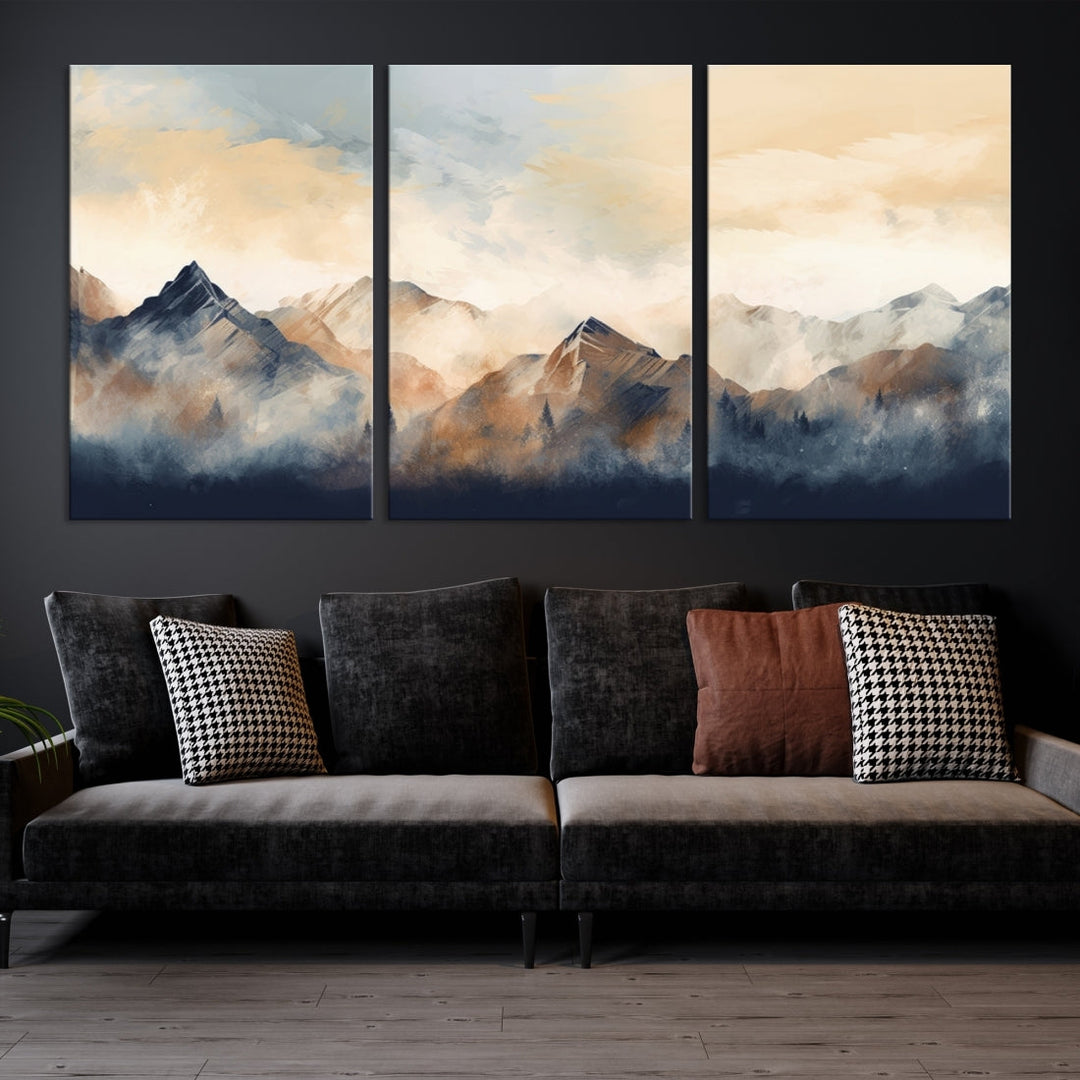 The Extra Large Abstract Mountain Wall Art, printed on museum-quality canvas, creates a stunning triptych. Set against a dark green wall, these ready-to-hang pieces bring an elegant touch to your décor.