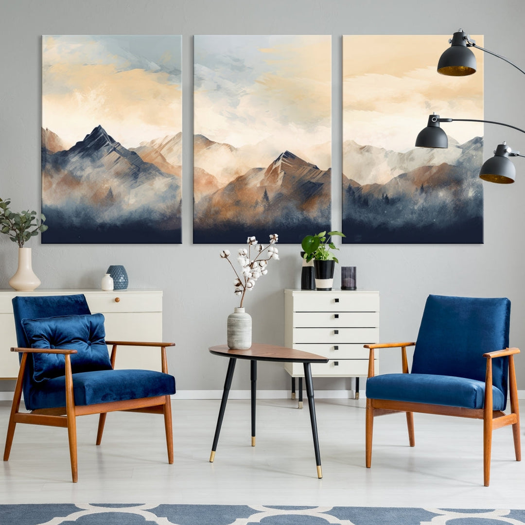 The Extra Large Abstract Mountain Wall Art, printed on museum-quality canvas, creates a stunning triptych. Set against a dark green wall, these ready-to-hang pieces bring an elegant touch to your décor.