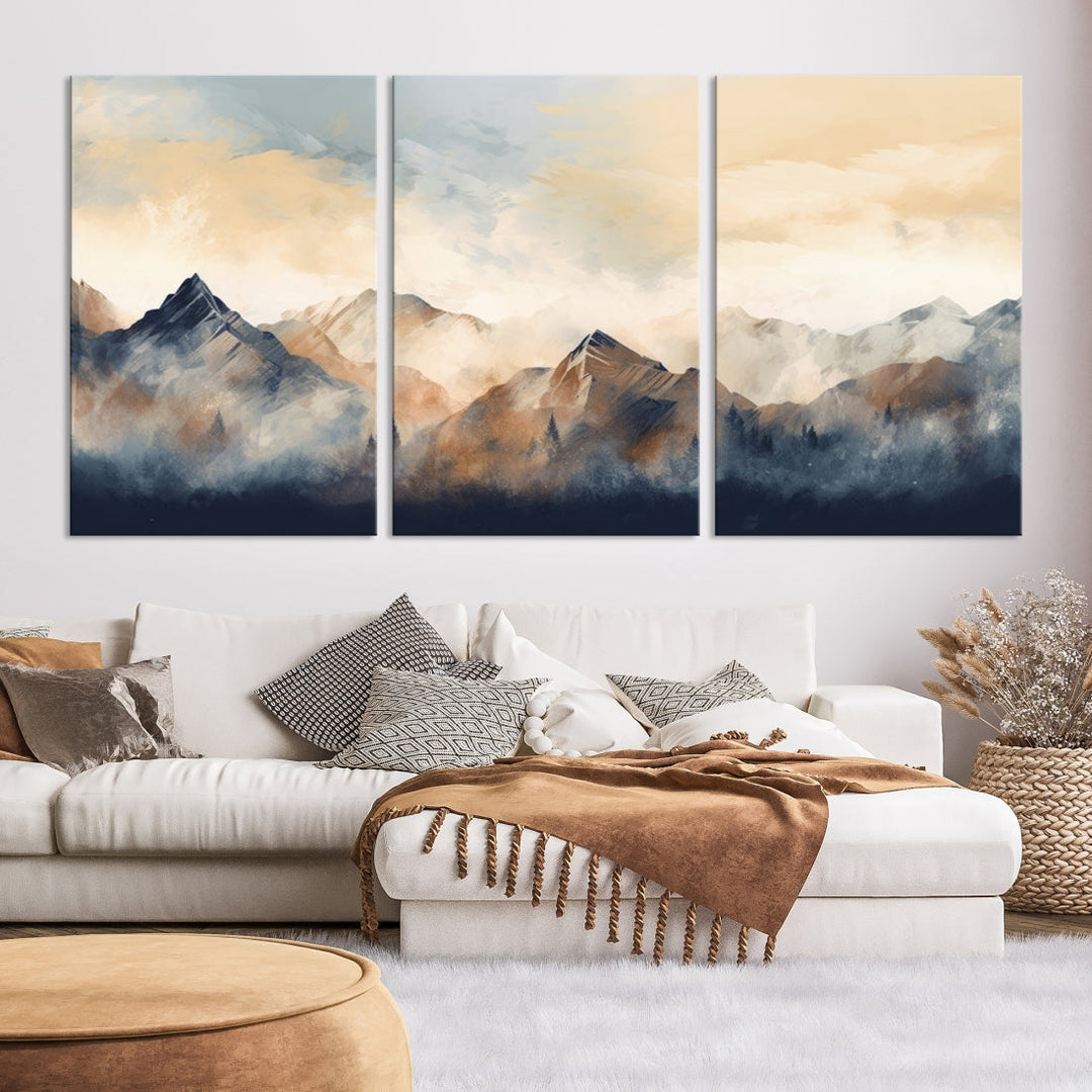 The Extra Large Abstract Mountain Wall Art, printed on museum-quality canvas, creates a stunning triptych. Set against a dark green wall, these ready-to-hang pieces bring an elegant touch to your décor.