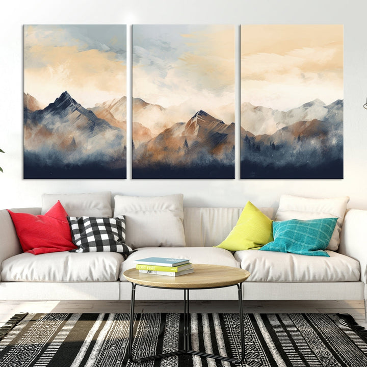 The Extra Large Abstract Mountain Wall Art, printed on museum-quality canvas, creates a stunning triptych. Set against a dark green wall, these ready-to-hang pieces bring an elegant touch to your décor.