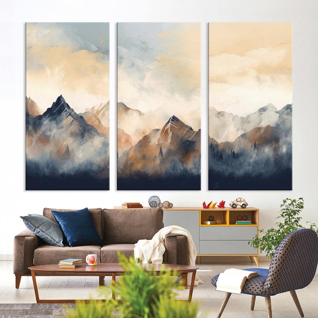 The Extra Large Abstract Mountain Wall Art, printed on museum-quality canvas, creates a stunning triptych. Set against a dark green wall, these ready-to-hang pieces bring an elegant touch to your décor.