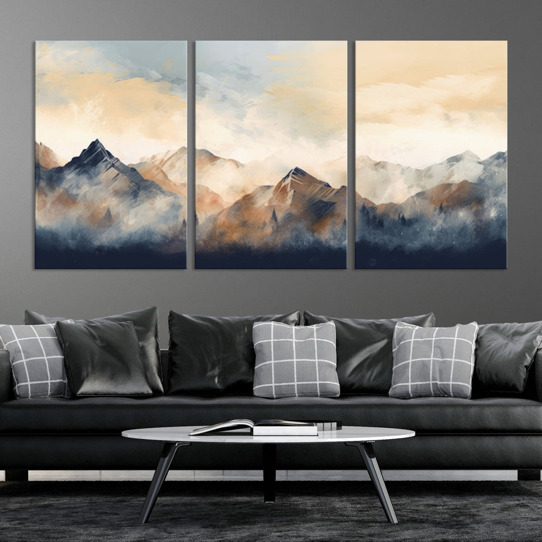 The Extra Large Abstract Mountain Wall Art, printed on museum-quality canvas, creates a stunning triptych. Set against a dark green wall, these ready-to-hang pieces bring an elegant touch to your décor.