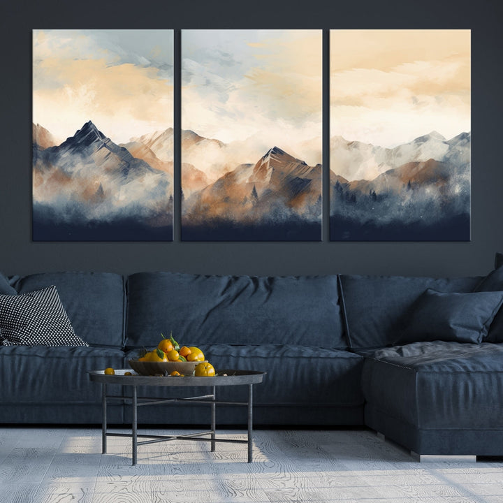 The Extra Large Abstract Mountain Wall Art, printed on museum-quality canvas, creates a stunning triptych. Set against a dark green wall, these ready-to-hang pieces bring an elegant touch to your décor.