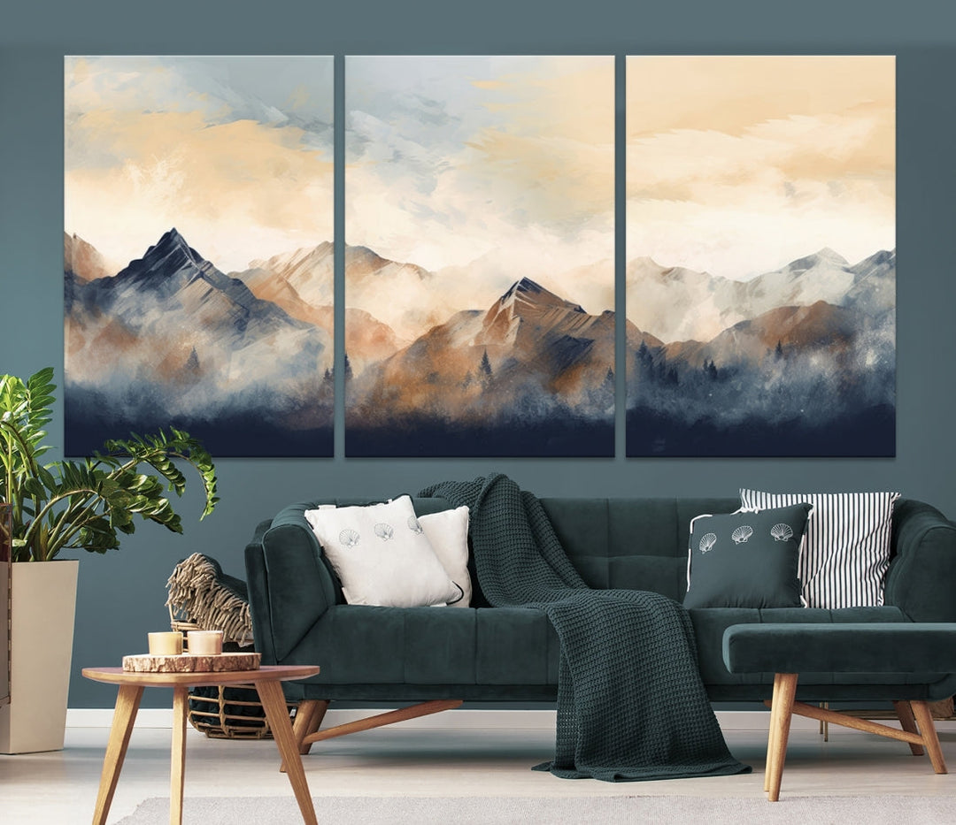 The Extra Large Abstract Mountain Wall Art, printed on museum-quality canvas, creates a stunning triptych. Set against a dark green wall, these ready-to-hang pieces bring an elegant touch to your décor.