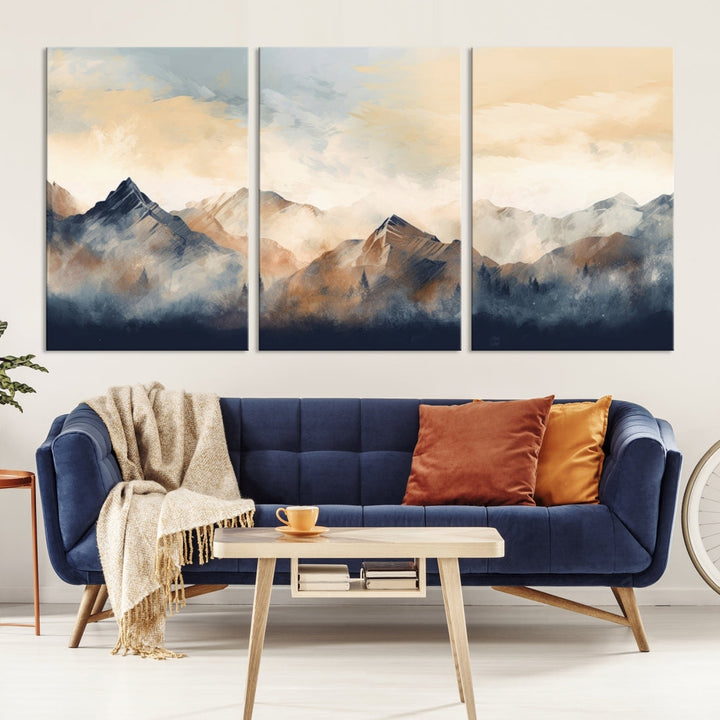 The Extra Large Abstract Mountain Wall Art, printed on museum-quality canvas, creates a stunning triptych. Set against a dark green wall, these ready-to-hang pieces bring an elegant touch to your décor.