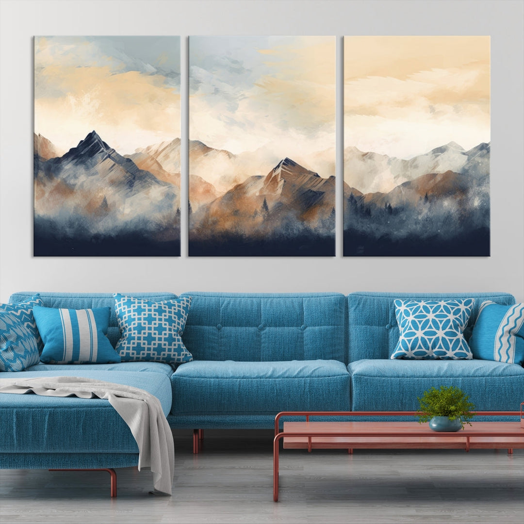 The Extra Large Abstract Mountain Wall Art, printed on museum-quality canvas, creates a stunning triptych. Set against a dark green wall, these ready-to-hang pieces bring an elegant touch to your décor.