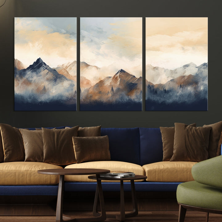 The Extra Large Abstract Mountain Wall Art, printed on museum-quality canvas, creates a stunning triptych. Set against a dark green wall, these ready-to-hang pieces bring an elegant touch to your décor.