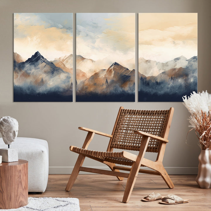 The Extra Large Abstract Mountain Wall Art, printed on museum-quality canvas, creates a stunning triptych. Set against a dark green wall, these ready-to-hang pieces bring an elegant touch to your décor.