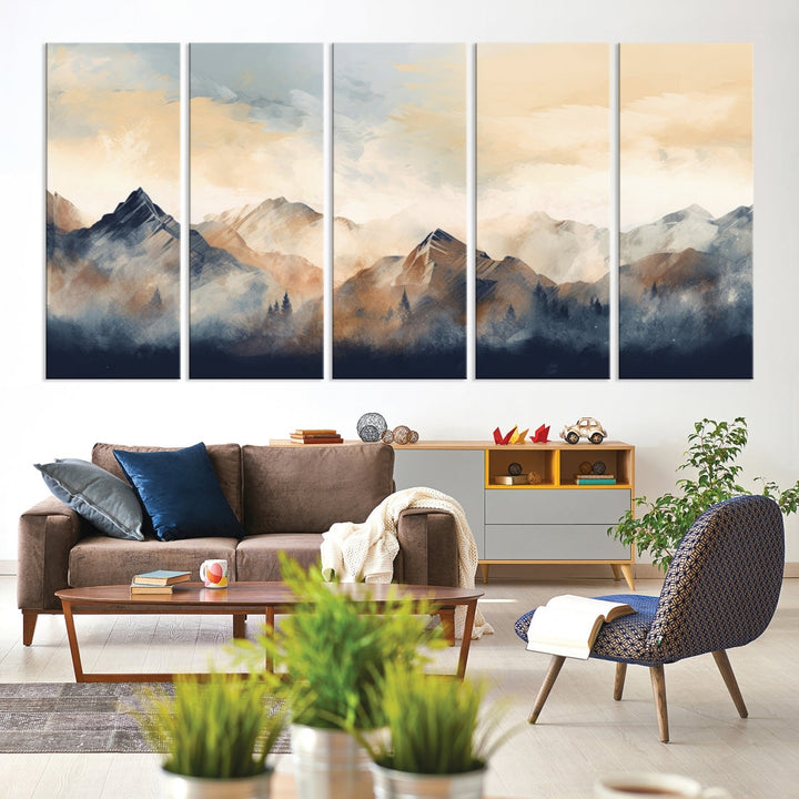 The Extra Large Abstract Mountain Wall Art, printed on museum-quality canvas, creates a stunning triptych. Set against a dark green wall, these ready-to-hang pieces bring an elegant touch to your décor.