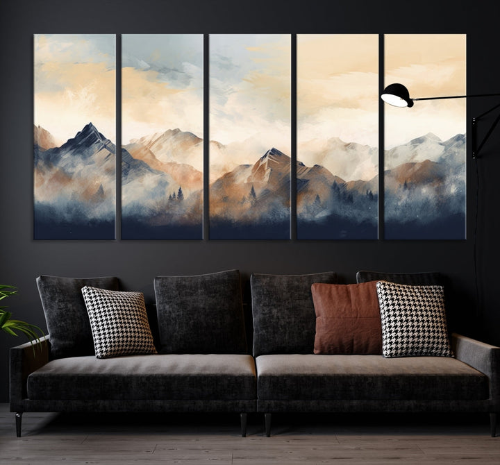 The Extra Large Abstract Mountain Wall Art, printed on museum-quality canvas, creates a stunning triptych. Set against a dark green wall, these ready-to-hang pieces bring an elegant touch to your décor.