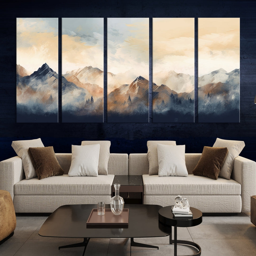 The Extra Large Abstract Mountain Wall Art, printed on museum-quality canvas, creates a stunning triptych. Set against a dark green wall, these ready-to-hang pieces bring an elegant touch to your décor.