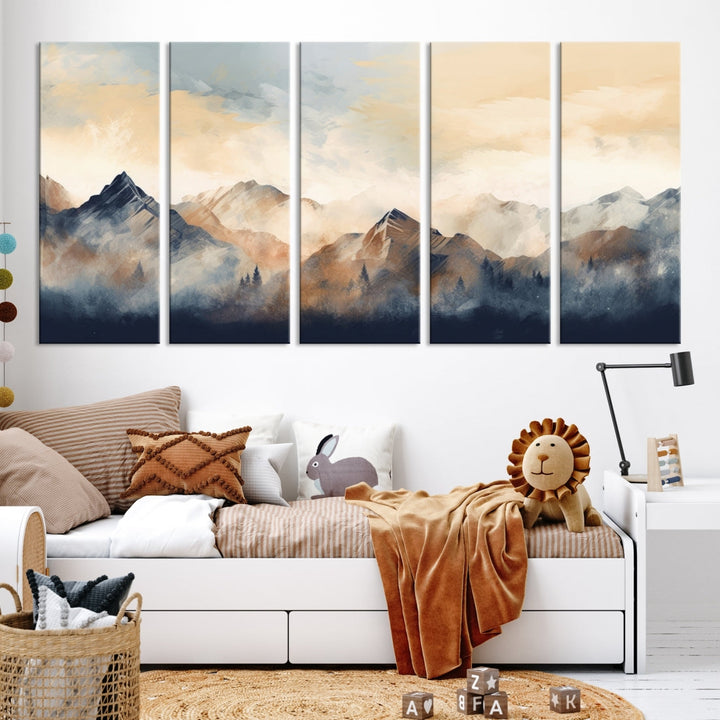 The Extra Large Abstract Mountain Wall Art, printed on museum-quality canvas, creates a stunning triptych. Set against a dark green wall, these ready-to-hang pieces bring an elegant touch to your décor.