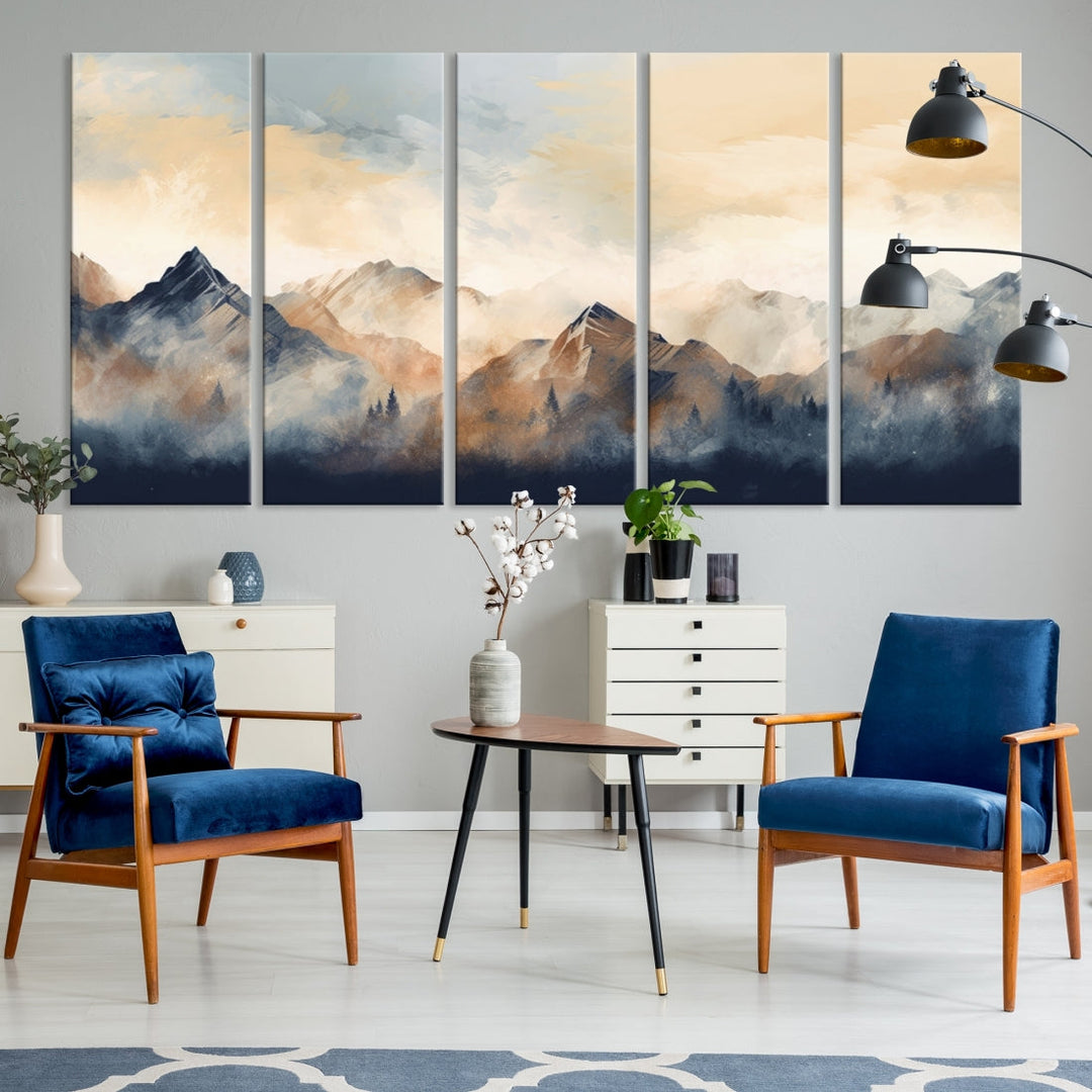 The Extra Large Abstract Mountain Wall Art, printed on museum-quality canvas, creates a stunning triptych. Set against a dark green wall, these ready-to-hang pieces bring an elegant touch to your décor.