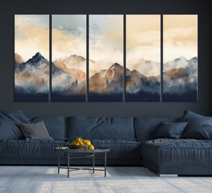 The Extra Large Abstract Mountain Wall Art, printed on museum-quality canvas, creates a stunning triptych. Set against a dark green wall, these ready-to-hang pieces bring an elegant touch to your décor.