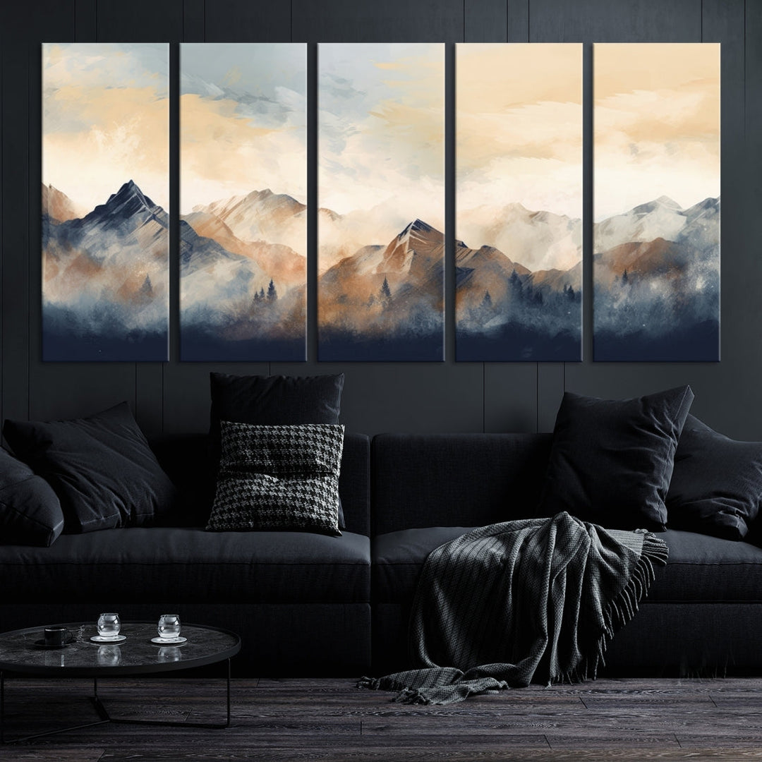 The Extra Large Abstract Mountain Wall Art, printed on museum-quality canvas, creates a stunning triptych. Set against a dark green wall, these ready-to-hang pieces bring an elegant touch to your décor.