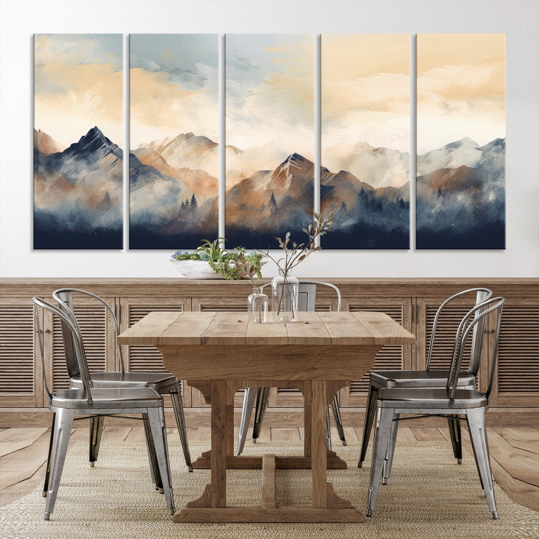 The Extra Large Abstract Mountain Wall Art, printed on museum-quality canvas, creates a stunning triptych. Set against a dark green wall, these ready-to-hang pieces bring an elegant touch to your décor.