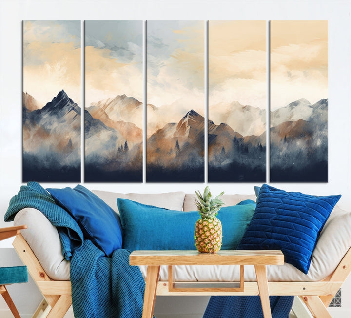 The Extra Large Abstract Mountain Wall Art, printed on museum-quality canvas, creates a stunning triptych. Set against a dark green wall, these ready-to-hang pieces bring an elegant touch to your décor.