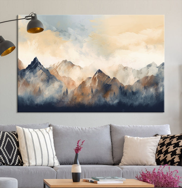 The Extra Large Abstract Mountain Wall Art, printed on museum-quality canvas, creates a stunning triptych. Set against a dark green wall, these ready-to-hang pieces bring an elegant touch to your décor.