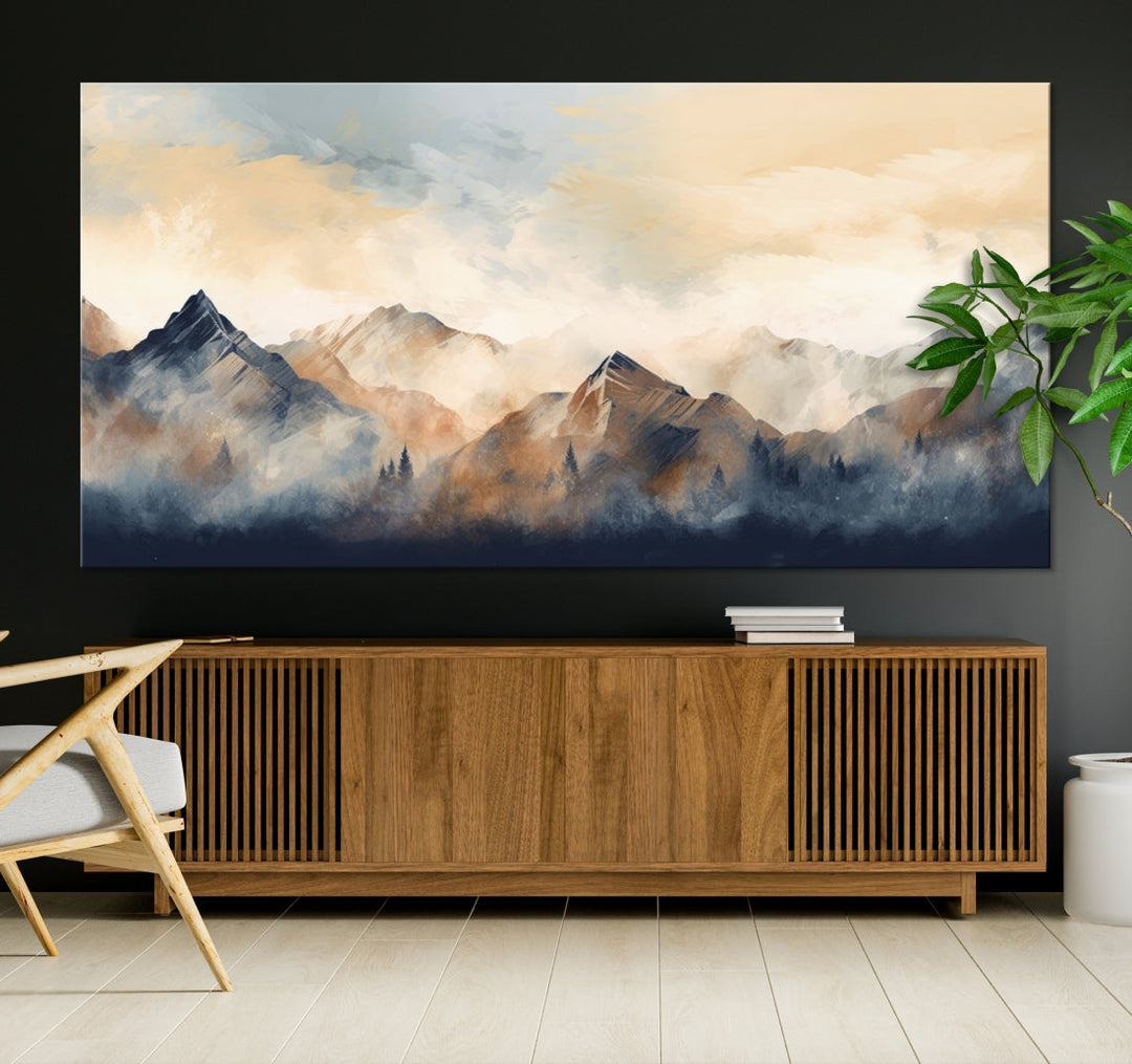 The Extra Large Abstract Mountain Wall Art, printed on museum-quality canvas, creates a stunning triptych. Set against a dark green wall, these ready-to-hang pieces bring an elegant touch to your décor.