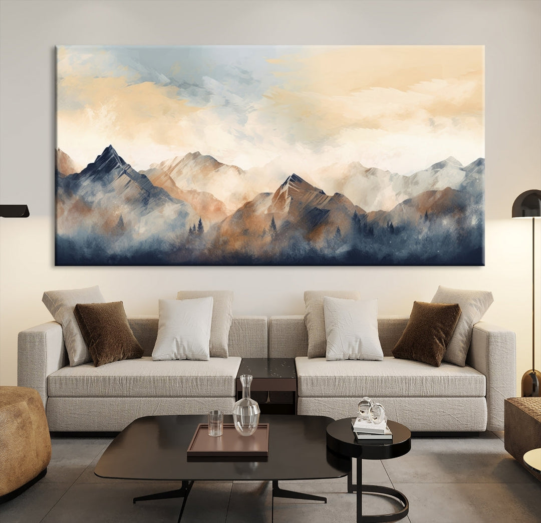 The Extra Large Abstract Mountain Wall Art, printed on museum-quality canvas, creates a stunning triptych. Set against a dark green wall, these ready-to-hang pieces bring an elegant touch to your décor.