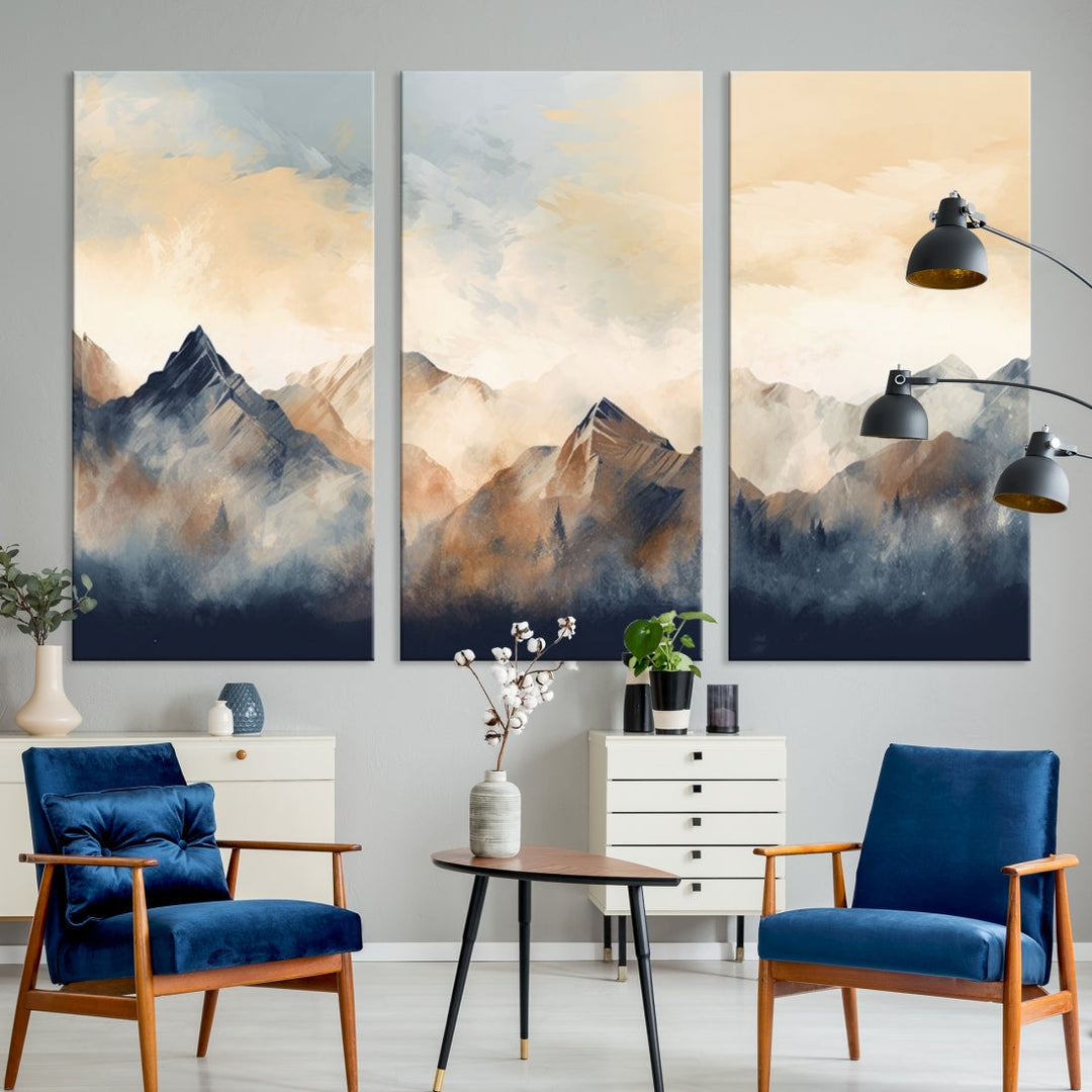 The Extra Large Abstract Mountain Wall Art, printed on museum-quality canvas, creates a stunning triptych. Set against a dark green wall, these ready-to-hang pieces bring an elegant touch to your décor.