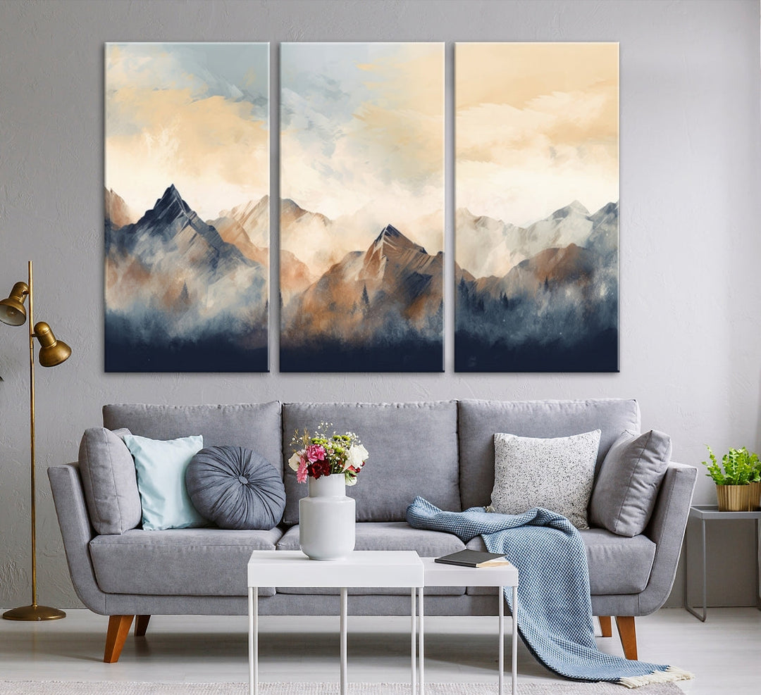 The Extra Large Abstract Mountain Wall Art, printed on museum-quality canvas, creates a stunning triptych. Set against a dark green wall, these ready-to-hang pieces bring an elegant touch to your décor.