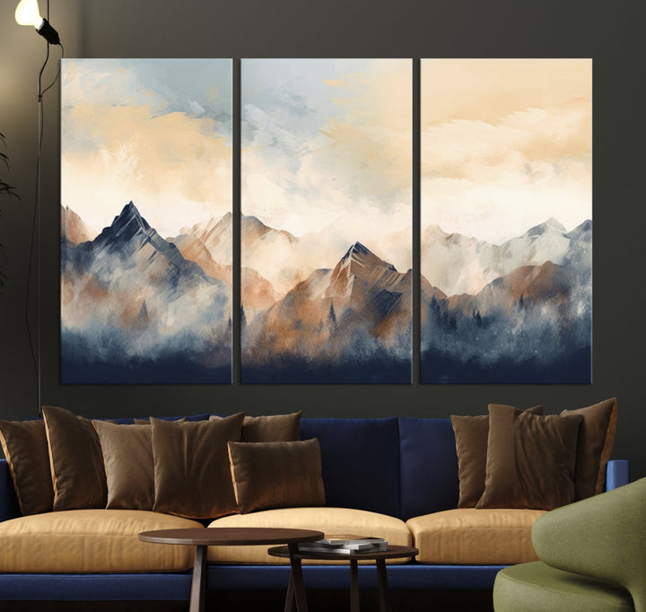 The Extra Large Abstract Mountain Wall Art, printed on museum-quality canvas, creates a stunning triptych. Set against a dark green wall, these ready-to-hang pieces bring an elegant touch to your décor.