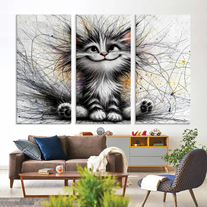 A vibrant Fanny Baby Cat Wall Art Canvas Print in a comic Pixar style features a fluffy, smiling cat with swirling fur. This masterpiece showcases professional craftsmanship on museum-quality canvas, bringing every detail to life.