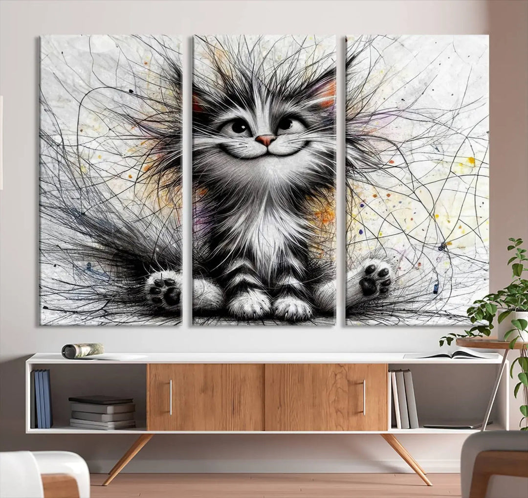 A vibrant Fanny Baby Cat Wall Art Canvas Print in a comic Pixar style features a fluffy, smiling cat with swirling fur. This masterpiece showcases professional craftsmanship on museum-quality canvas, bringing every detail to life.