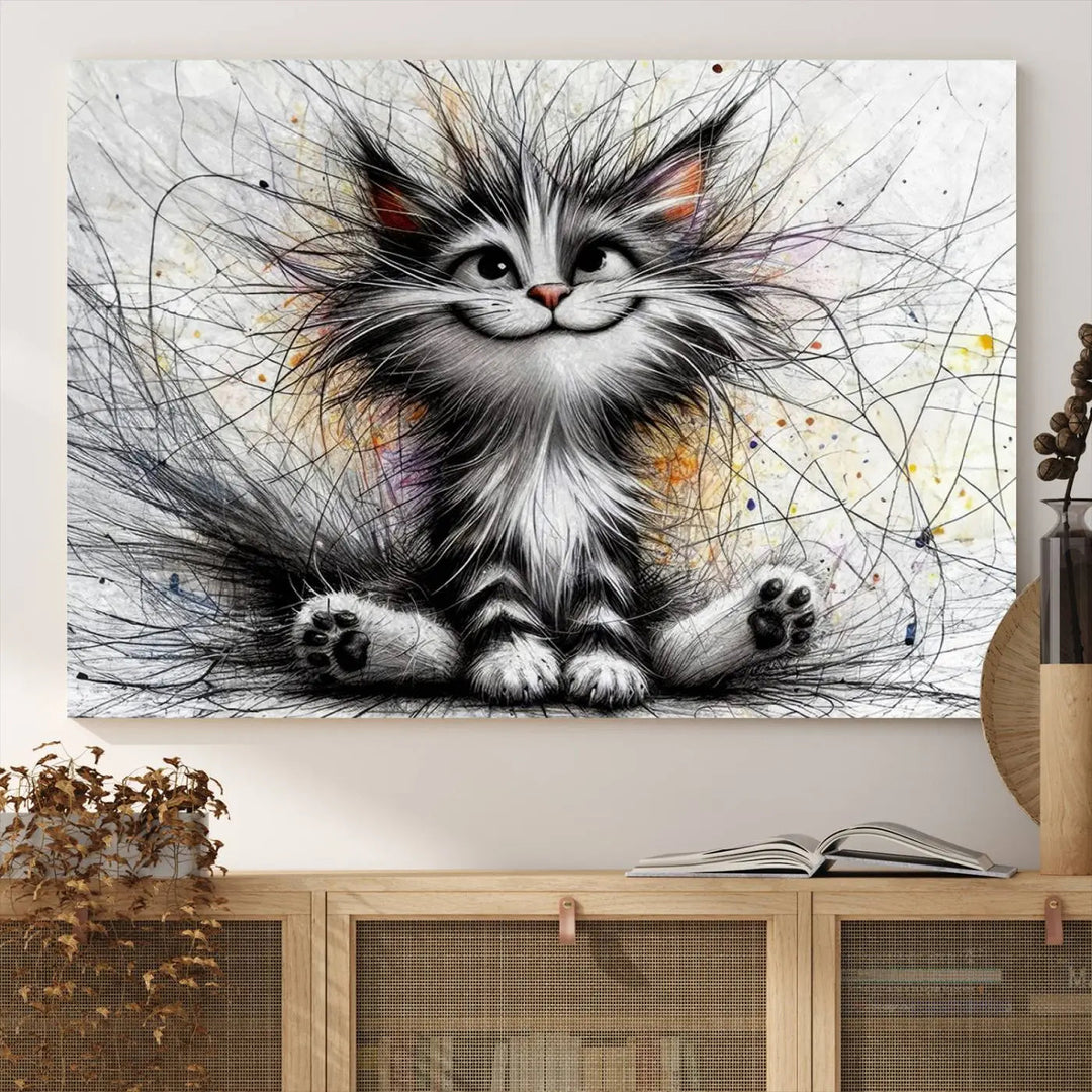 A vibrant Fanny Baby Cat Wall Art Canvas Print in a comic Pixar style features a fluffy, smiling cat with swirling fur. This masterpiece showcases professional craftsmanship on museum-quality canvas, bringing every detail to life.