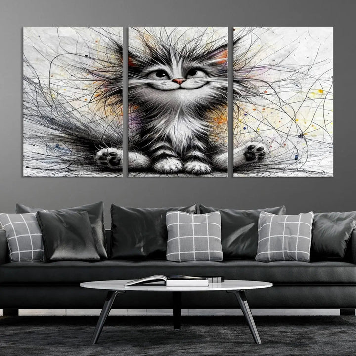 A vibrant Fanny Baby Cat Wall Art Canvas Print in a comic Pixar style features a fluffy, smiling cat with swirling fur. This masterpiece showcases professional craftsmanship on museum-quality canvas, bringing every detail to life.